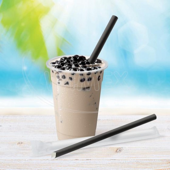 Papierové slamky BUBBLE TEA čierne, 21cm/12mm jednotlivo balené, 100ks/bal