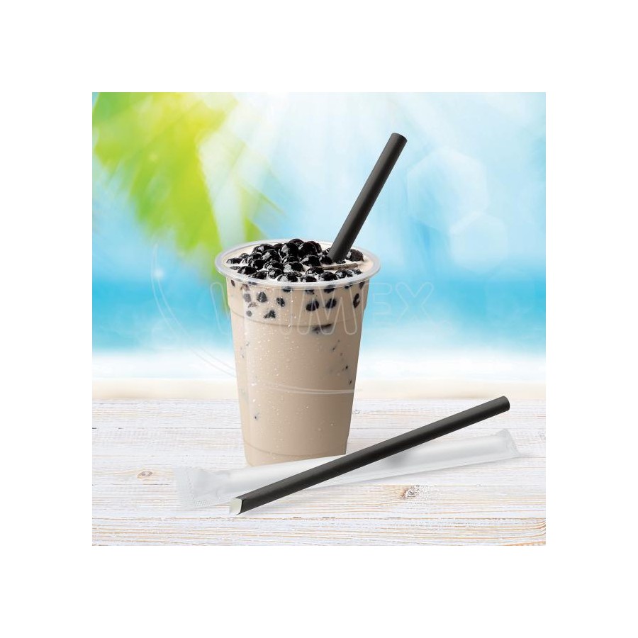 Papierové slamky BUBBLE TEA čierne, 21cm/12mm jednotlivo balené, 100ks/bal