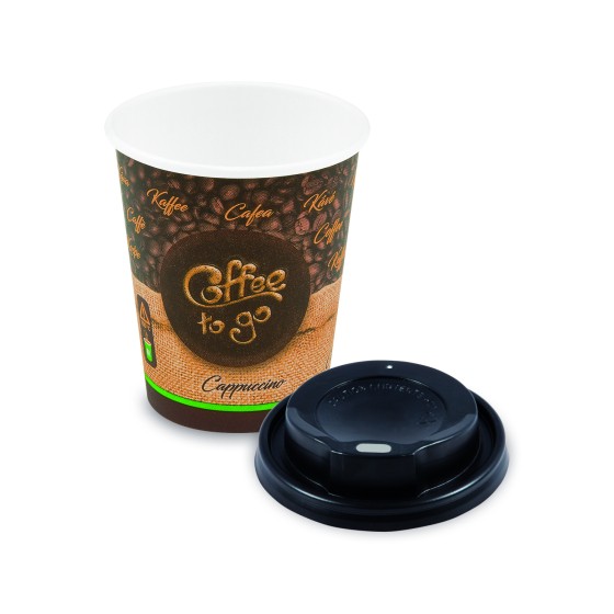 Papierový pohár "COFFE TO GO" 280ml, M + čierne viečko 10ks/bal