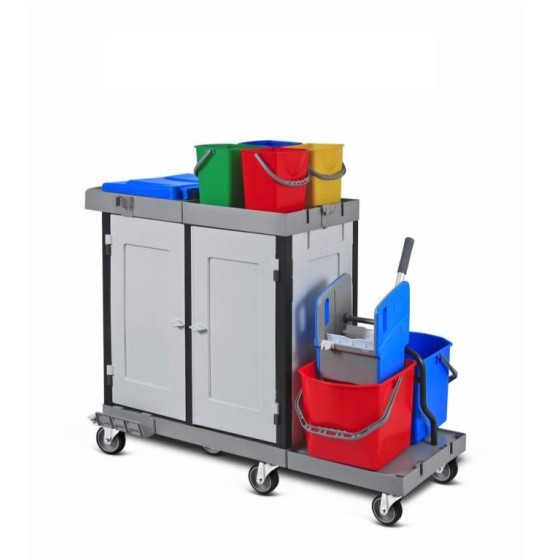 Servisný upratovací vozík  so skriňovou súpravou, 4x6L a 2x25L vedrá, žmýkací lis