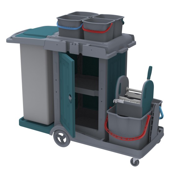 Servisný upratovací vozík  so skriňovou súpravou, 4x6l, 2x18l