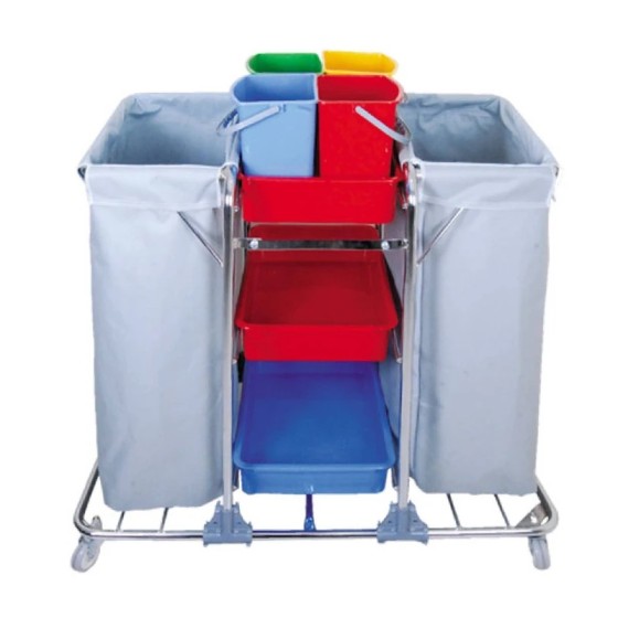 Multifunčný servisný upratovací vozík 4x6L vedrá, 2x120L PVC vrecia, chróm. konštrukcia