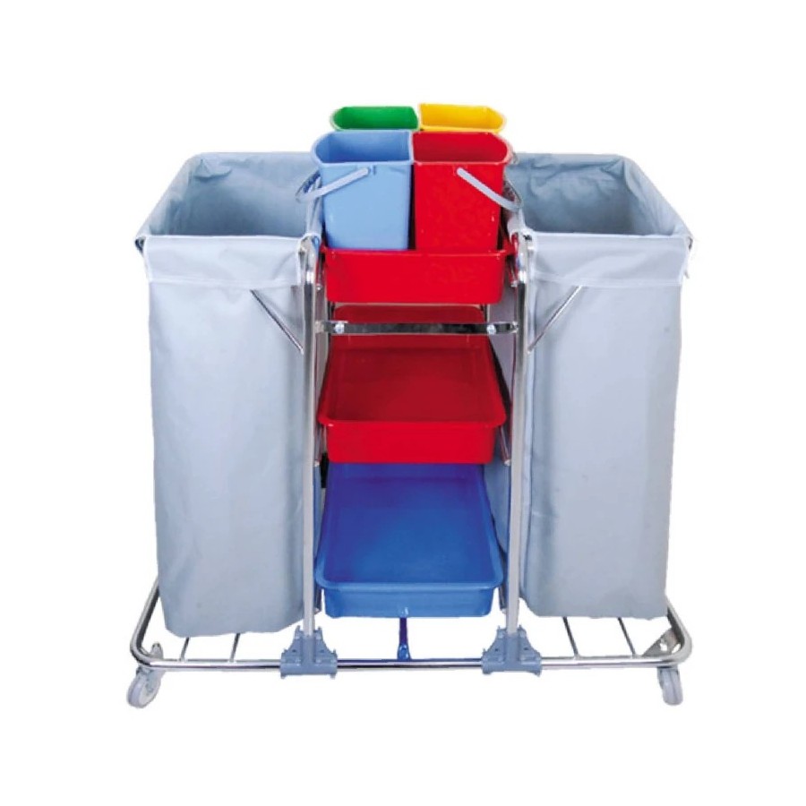Multifunčný servisný upratovací vozík 4x6L vedrá, 2x120L PVC vrecia, chróm. konštrukcia